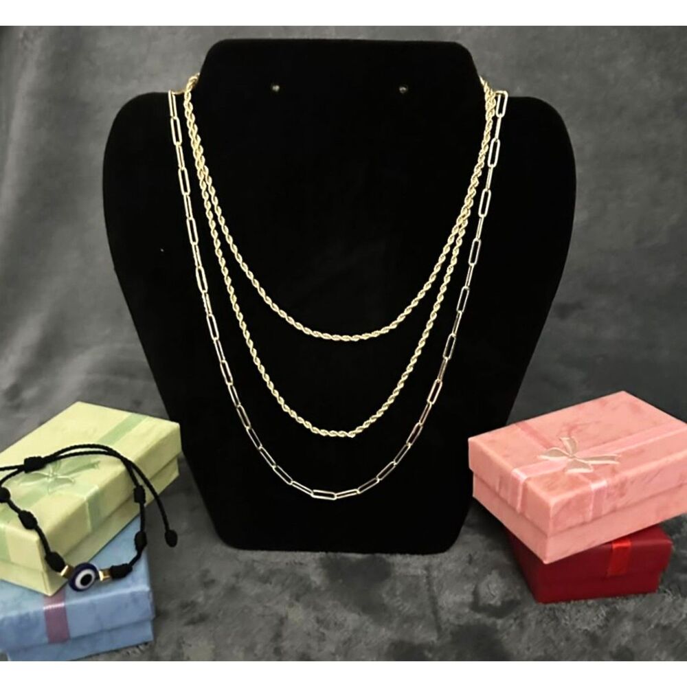 18K Gold Filled Layered Necklace Set 3-Piece | Twist Rope & Paperclip Chains